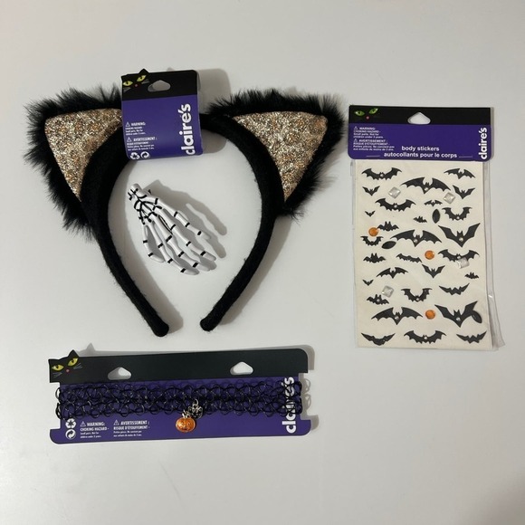 Halloween‎ Girl’s Cat Ears Headband Black Cat Choker Bat Body Stickers skeleton - Picture 1 of 4